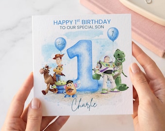 Gepersonaliseerde Toy Story 1e verjaardagskaart voor zoon | Eerste verjaardagskaart jongen | Woody Buzz Lightyear-verjaardagskaart | Bewerkbare canvassjabloon