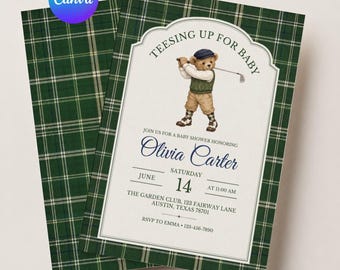 Golfknuffelbeer | uitnodiging voor een babyshower met golfthema voor een jongen | uitnodiging voor een groene golfuitnodiging (bewerkbare Canva-sjabloon) met golfthema voor een babyshower
