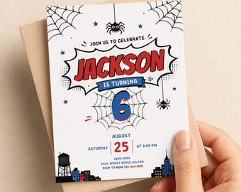 Sjabloon voor een superhelden verjaardagskaart | Spider Hero feestuitnodiging | Bewerkbare Canva verjaardagskaart 5x7 digitale download