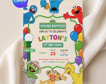 Invitación de cumpleaños de Barrio Sésamo / Plantilla editable de Canva / Invitación de Elmo / Tarjeta de invitación de Barrio Sésamo / Invitación para fiesta infantil / Tarjeta de cumpleaños divertida