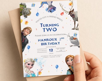 Verjaardagskaart met Frozen-thema, Elsa-feestuitnodigingen, digitale Frozen-verjaardagskaarten, uitnodiging met winterthema, bewerkbare sjabloon, printbaar