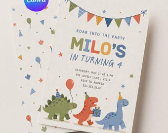 Dinosaurus verjaardagskaart, uitnodiging voor de 1e, 2e, 3e, 4e en 5e verjaardag van een jongen, Canva-sjabloon, bewerkbare dinosaurus feestdecoratie, digitale download om te printen