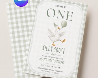 Uitnodiging voor een verjaardag met een gekke gans | uitnodiging voor een jongensfeestje met een gekke gans, saliegroen, uitnodiging voor de eerste verjaardag, gans eerste verjaardag, printbaar