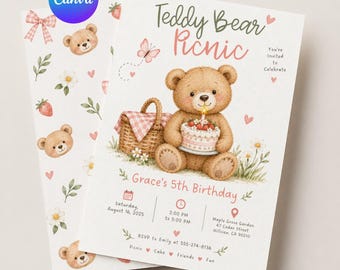 Invitación a picnic con osito de peluche, invitación de cumpleaños con osito de peluche editable, plantilla para fiesta de picnic, tarjeta digital para el primer cumpleaños, descarga instantánea