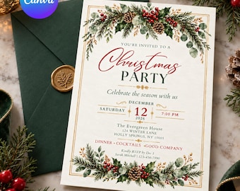 May include: A rectangular Christmas party invitation card featuring a festive border of pine branches, holly berries, and pinecones. The text reads: You're invited to a Christmas party, Saturday December 12 2026, 7:00 PM, The Evergreen House.