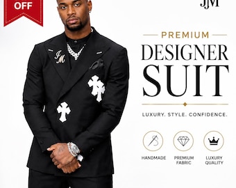 Traje de diseñador negro para hombre con estampado de cruz / Traje de lujo a medida / Traje formal hecho a mano con tela premium / Traje para bodas o fiestas