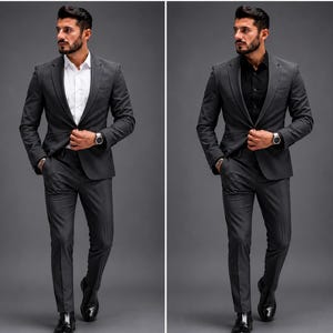 May include: A charcoal gray suit jacket and matching trousers paired with a crisp white button-down shirt in the left image, and a black button-down shirt in the right image. The ensemble includes a silver wristwatch on the left wrist.