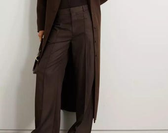 Damen Braun Wollmischung Langer Mantel, Minimalistischer Eleganter Wintermantel, Handgemachte Custom Fit