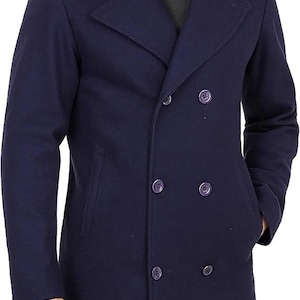 Men's Navy Blue Wool Blend Double Breasted Peacoat, Classic Tailored Overcoat