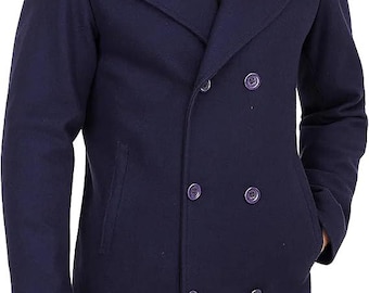 Men's Navy Blue Wool Blend Double Breasted Peacoat, Classic Tailored Overcoat