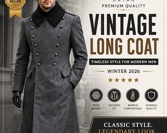 Uniseks zwarte wolmix double-breasted lange jas, vintage winterbovenkleding