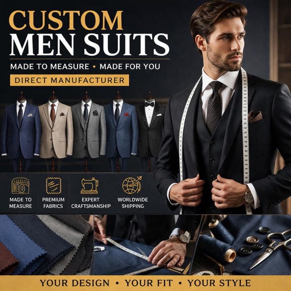 Custom Men's Suit, Made to Measure Tailored Fit, 40+ Colors, Direct Manufacturer