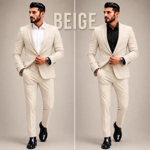 May include: A beige suit jacket and matching trousers paired with a white button-down shirt on the left and a black button-down shirt on the right. The word BEIGE is centered at the top. The ensemble includes a dark wristwatch on the left wrist.