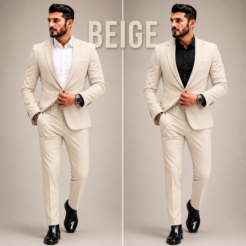 May include: A beige suit jacket and matching trousers paired with a white button-down shirt on the left and a black button-down shirt on the right. The word BEIGE is centered at the top. The ensemble includes a dark wristwatch on the left wrist.