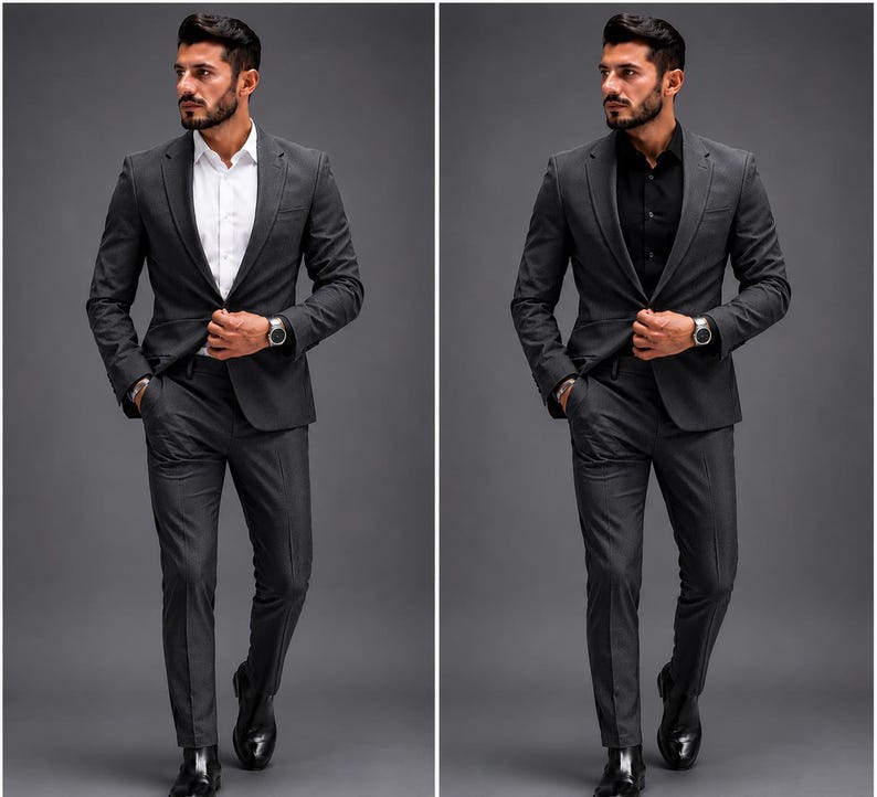 May include: A charcoal gray suit jacket and matching trousers paired with a crisp white button-down shirt in the left image, and a black button-down shirt in the right image. The ensemble includes a silver wristwatch on the left wrist.