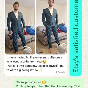 May include: A teal suit consisting of a single-breasted jacket with a notched lapel and matching trousers. The jacket features two buttons and a chest pocket. The suit is worn over a light-colored t-shirt. Text on the side reads: Etsy's satisfied customer.