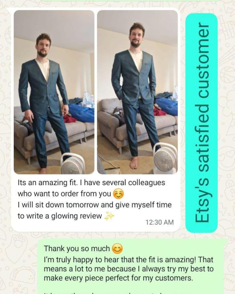 May include: A teal suit consisting of a single-breasted jacket with a notched lapel and matching trousers. The jacket features two buttons and a chest pocket. The suit is worn over a light-colored t-shirt. Text on the side reads: Etsy's satisfied customer.