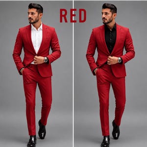 May include: A two-piece red suit featuring a single-breasted blazer with notched lapels and matching trousers. The left side shows the suit with a crisp white button-down shirt, while the right side shows the suit with a black button-down shirt.