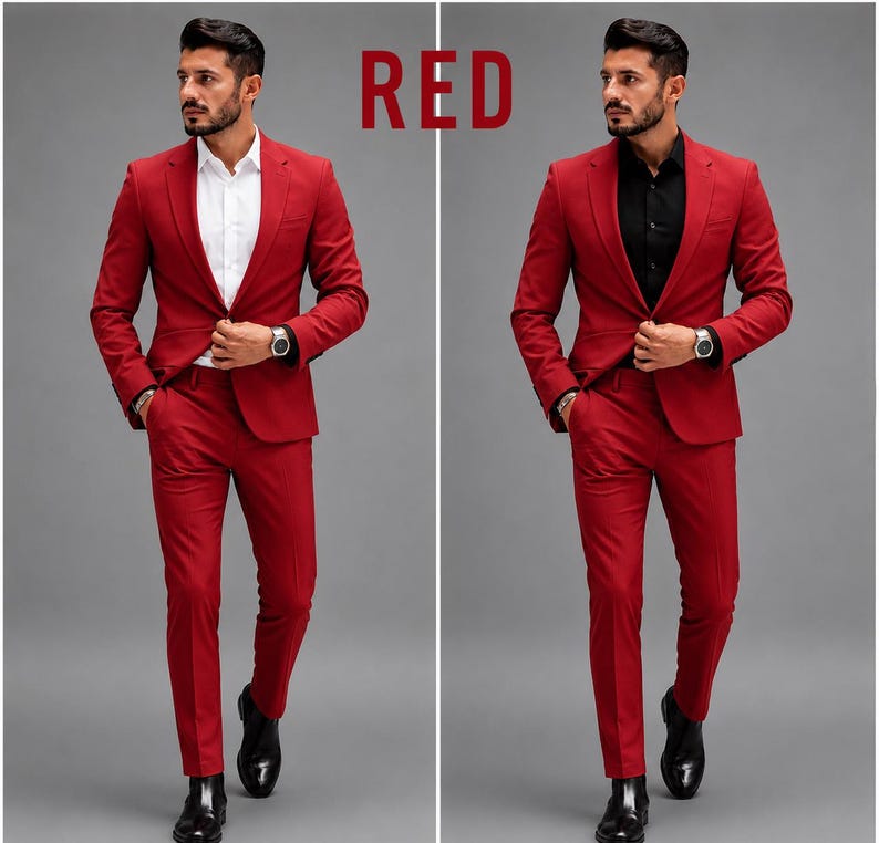 May include: A two-piece red suit featuring a single-breasted blazer with notched lapels and matching trousers. The left side shows the suit with a crisp white button-down shirt, while the right side shows the suit with a black button-down shirt.