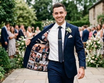 Veste de costume avec doublure photo personnalisée pour le marié, mariage personnalisé, veste d'intérieur avec photo commémorative, doublure de blazer avec photo personnalisée, cadeau pour le marié