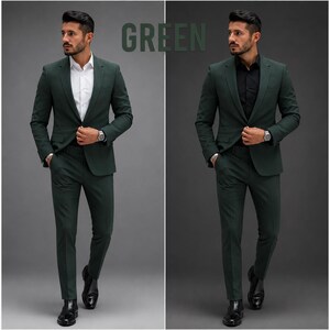 May include: A dark green suit featuring a tailored blazer and matching trousers. The left side shows the suit paired with a crisp white button-down shirt, while the right side shows the same suit paired with a black button-down shirt. The word GREEN is visible.