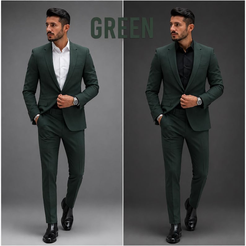 May include: A dark green suit featuring a tailored blazer and matching trousers. The left side shows the suit paired with a crisp white button-down shirt, while the right side shows the same suit paired with a black button-down shirt. The word GREEN is visible.