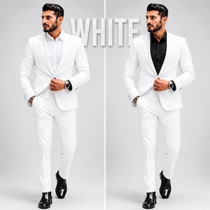 May include: Two side-by-side views of a white suit featuring a single-breasted blazer and matching trousers. The left view shows a white dress shirt underneath, while the right view shows a black dress shirt. The word WHITE is centered above.