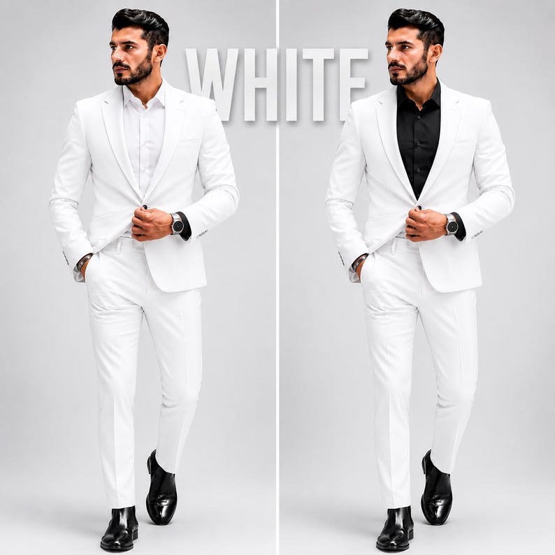 May include: Two side-by-side views of a white suit featuring a single-breasted blazer and matching trousers. The left view shows a white dress shirt underneath, while the right view shows a black dress shirt. The word WHITE is centered above.