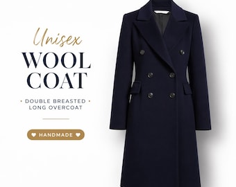 Abrigo largo unisex de lana azul marino con doble botonadura, estilo gabardina minimalista, abrigo hecho a mano.