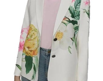 Brooke Logan Inspired Floral Blazer, White Botanical Blazer Women, Spring Flower Print Jacket, Elegant Office Blazer,Lightweight Floral Coat
