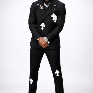 Black Cross Pattern Designer Suit, Luxury Tailored Wedding Party Outfit