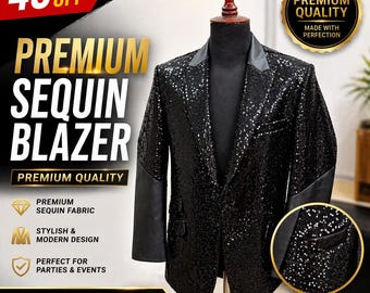 Blazer negro de lentejuelas para hombre – Chaqueta de esmoquin de lujo para fiestas y eventos nupciales.