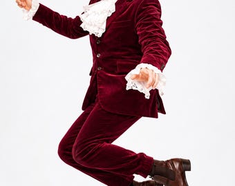 Burgundy Velvet Suit for Men, 1970s Retro Costume, Austin Powers Inspired Outfit, Vintage Party Suit, Halloween Cosplay