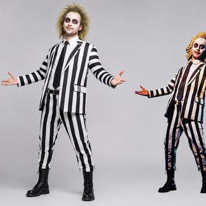 Michael Keaton Beetlejuice Striped Suit, Black White Cosplay Costume, Halloween Party Outfit