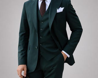 Dark Green 3 Piece Suit Men – Slim Fit Wedding – Handmade Blazer Vest Pants