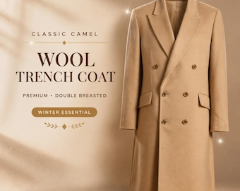Men's Camel Wool Trench Coat, Double Breasted, Tailored Winter Overcoat