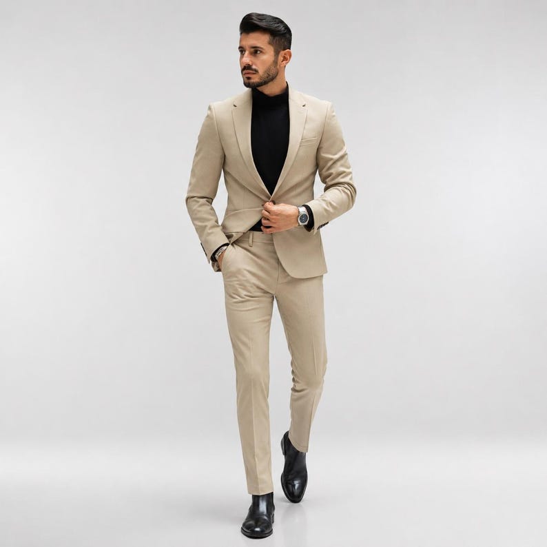 May include: A beige suit consisting of a single-breasted blazer with notched lapels and matching slim-fit trousers. The suit is worn over a black mock-neck shirt, paired with black leather dress shoes and a silver wristwatch on the left wrist.