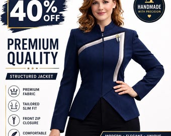Navy Blue Structured Jacket, Futuristic Uniform Blazer, Tailored Slim Fit Coat