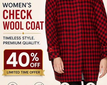 Women's Red Black Check Wool Coat | All Season Lightweight Overcoat
