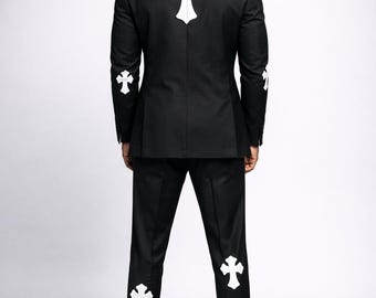 Men’s Black Designer Suit with Cross Pattern | Luxury Tailored Suit | Handmade Premium Fabric Formal Suit | Wedding / Party Outfit