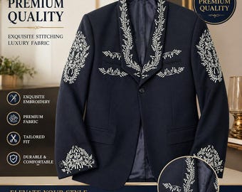 Blazer azul marino bordado, chaqueta de boda de lujo, chaqueta de traje floral a medida, traje de fiesta para el novio