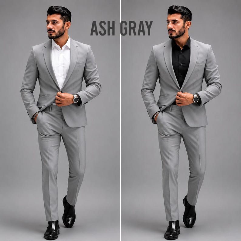 May include: An ash gray suit featuring a tailored blazer and matching trousers. The left side shows the suit with a crisp white button-down shirt, while the right side displays the same suit paired with a black button-down shirt and a wristwatch.