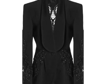 Blazer da donna nero ricamato – Giacca di lusso con revers a scialle – Blazer formale firmato – Blazer da donna personalizzato fatto a mano – Giacca da sera per feste