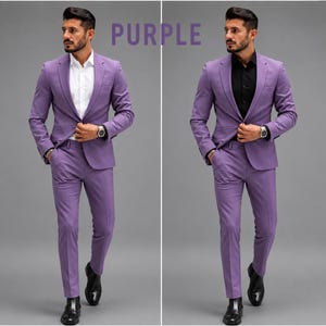 May include: A purple suit consisting of a single-breasted blazer with notched lapels and matching trousers. The suit is shown in two variations: one paired with a crisp white button-down shirt and the other with a black button-down shirt.