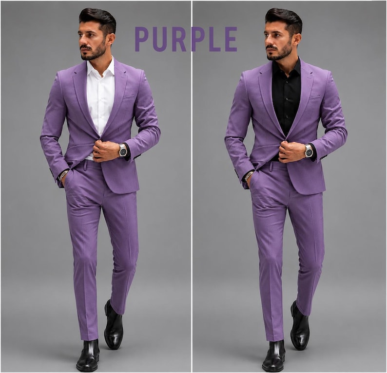 May include: A purple suit consisting of a single-breasted blazer with notched lapels and matching trousers. The suit is shown in two variations: one paired with a crisp white button-down shirt and the other with a black button-down shirt.