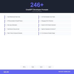 246 ChatGPT-ontwikkelaarsprompts Codebeoordeling Foutopsporingstest API Docker Git digitale download