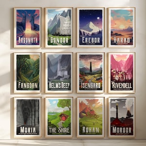 May include: Twelve framed art prints showcasing landscapes from a fantasy world. Each print has a unique colour palette and text labels including "Argonath", "Gondor", and "Erebor". The prints are displayed on a white wall, creating a gallery-like presentation.