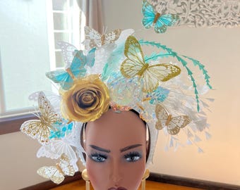 Kentucky Derby White and turquoise butterfly fascinator