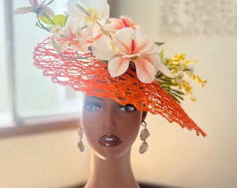 Kentucky Derby Bright Orange Fascinator with Ivory Orchids