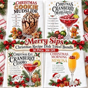 Op de afbeelding: Een set van vier witte theedoeken met recepten voor kerstcocktails, waaronder Christmas Cookie Mudslide, Christmas Cranberry Margarita, Christmas Eve Cranberry Cosmo en Christmas Morning Mimosa met feestelijke kerstafbeeldingen.
